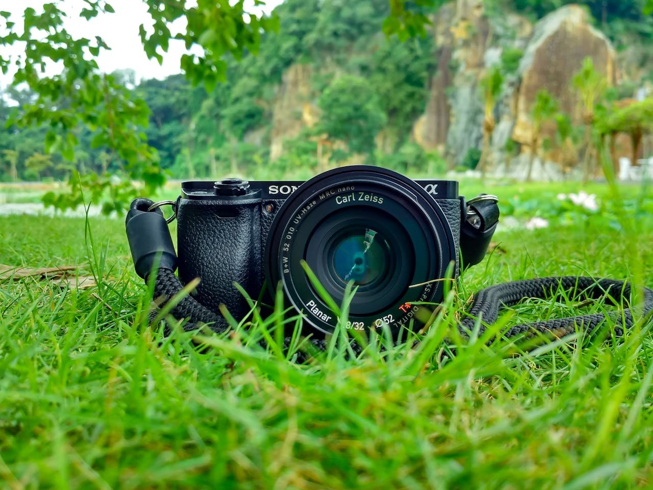 services-02 Camera with Carl Zeiss lens on grass, surrounded by nature and vibrant greenery.